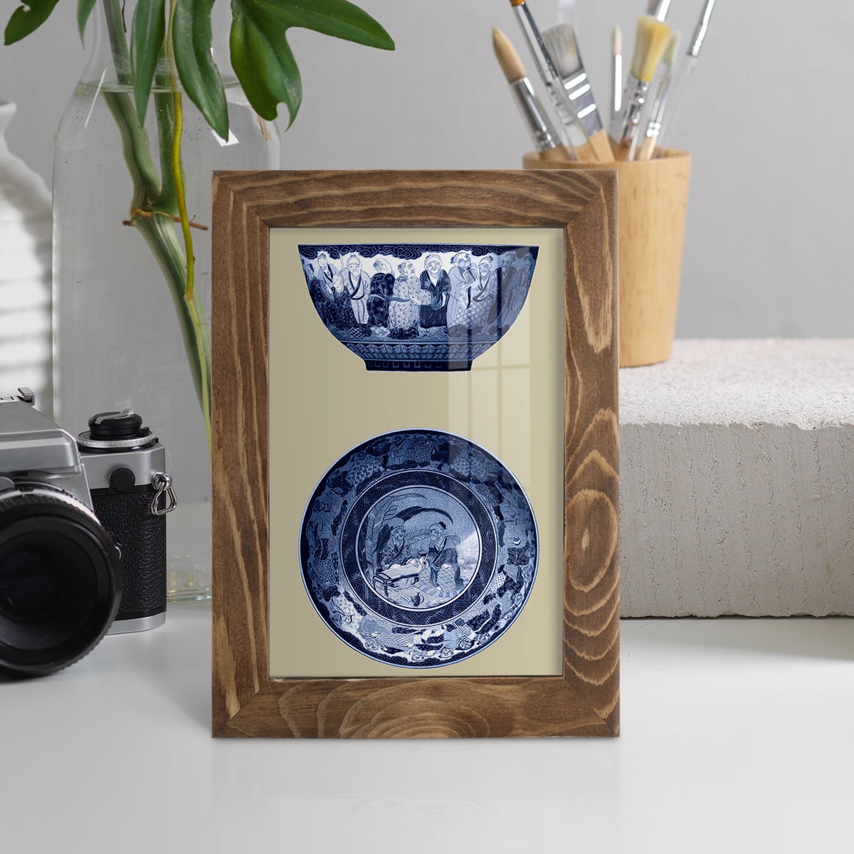 Porcelain in Blue and White II -Framed Print w/glass-Walnut