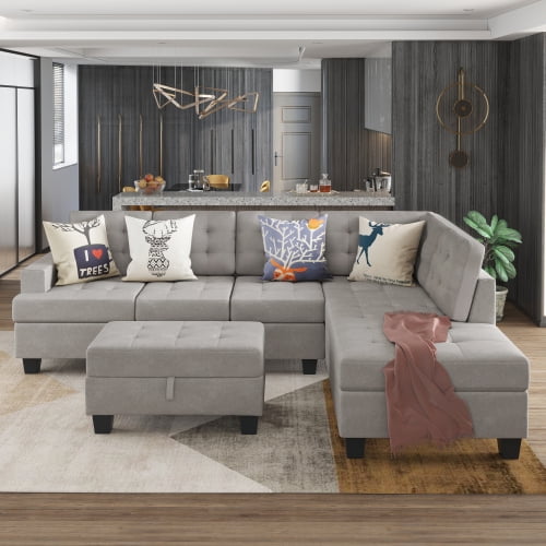 Sofa 3 Piece Sectional Sofa With Chaise Lounge And Storage Ottoman L Shape Couch Living Room Furniture Gray Walmart Com Walmart Com