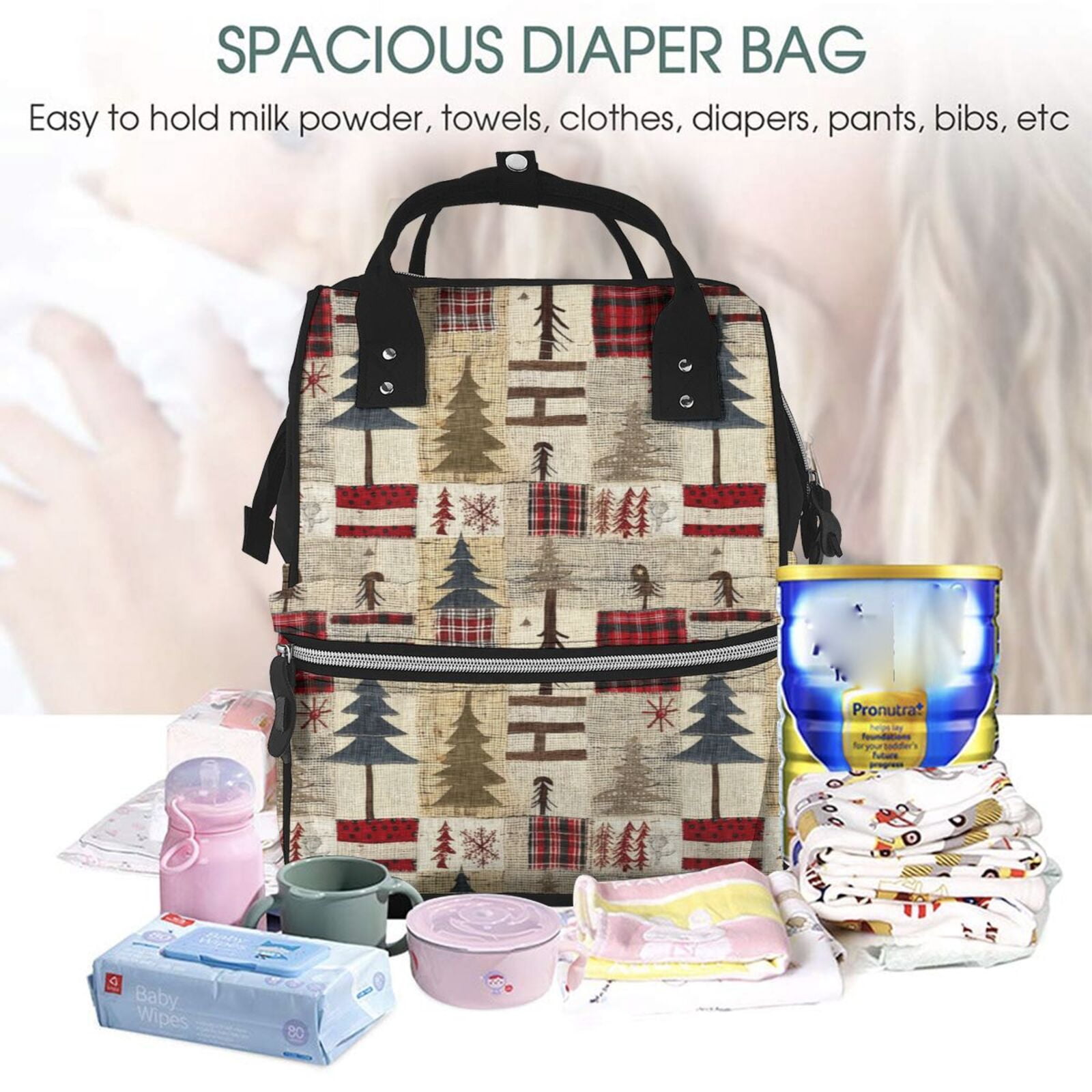 Ratiio Rustic Plaid Forest Lodge Mummy Backpack - Waterproof Twill Canvas, Large Capacity Diaper Bag with Multiple Pockets and Adjustable Straps