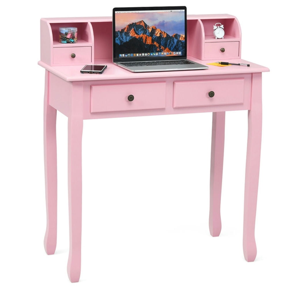 Demi Bonn Removable Floating Organizer 2-Tier Mission Computer Vanity Desk, Small Home Office Desk Study Writing Table, Pink