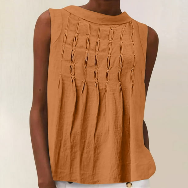 mfyjkho Tops Casuales Para Mujer, Blusa Holgada De Lino Con Cuello Redondo Y Plisado Frontal Liso Para Mujer Tops De Gimnasio Para Mujer L
