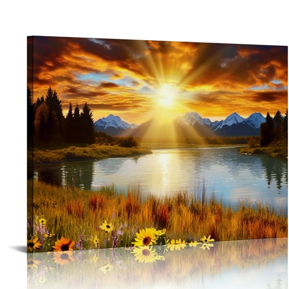 JEUXUS Nature Mountain Wall Art for Living Room, Sunflower Landscape Canvas Picture Wall Decor , Sunset Grand Teton Lake Prints Painting Framed Artwork for Kitchen Bedroom Home