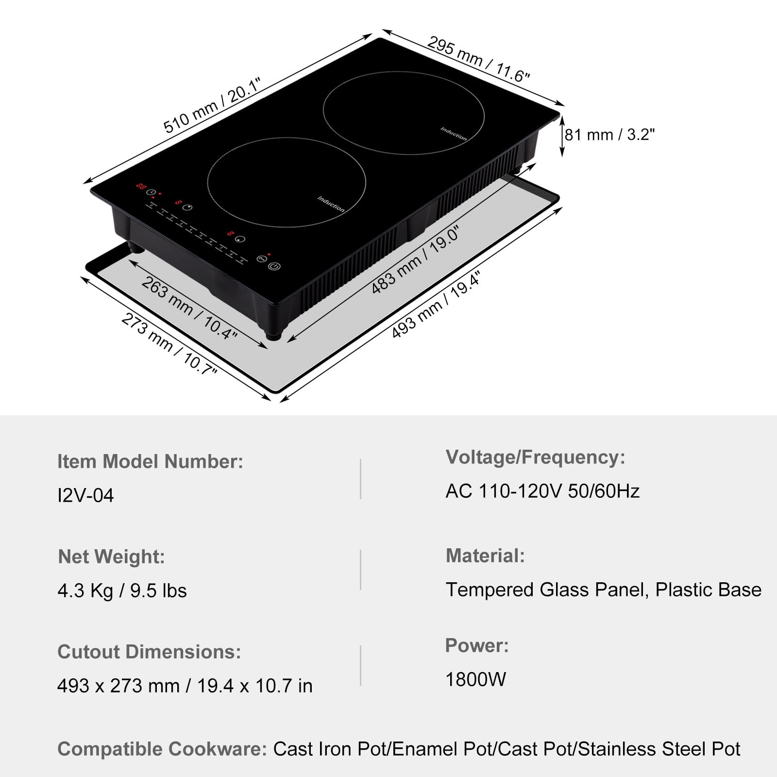 KFFKFF Electric Cooktop with 2 Burners, 12'' Induction Stove, Built-in Magnetic Cooktop 1800W, 9 Adjustable Heating Levels, Multifunctional Design, LED Touch Controls with Child Lock