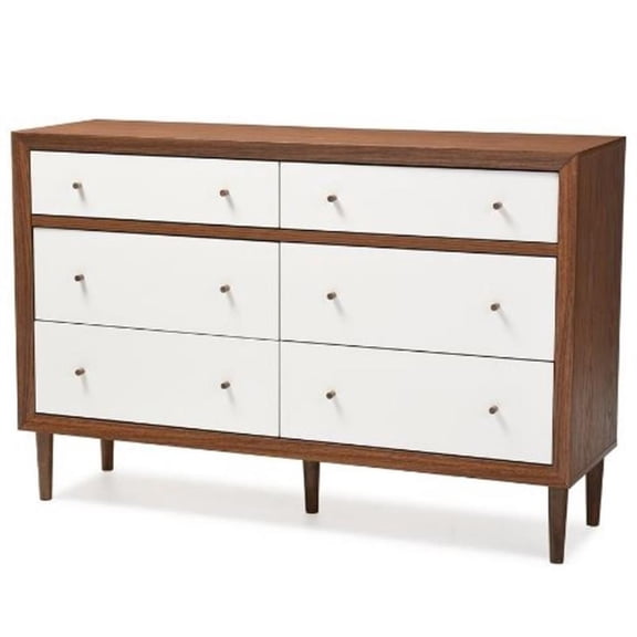Baxton Studio Harlow Mid-century Modern Scandinavian Style White and Walnut Wood 6-drawer Storage Dresser