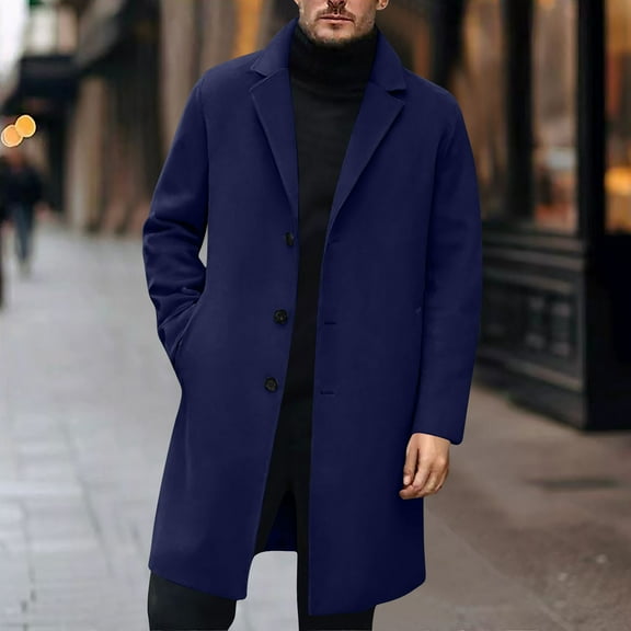 gbyLJF Men's Woolen Coat Solid Color Button Down Overcoat Mid-long Casual Business Notched Collar Coats with Pockets