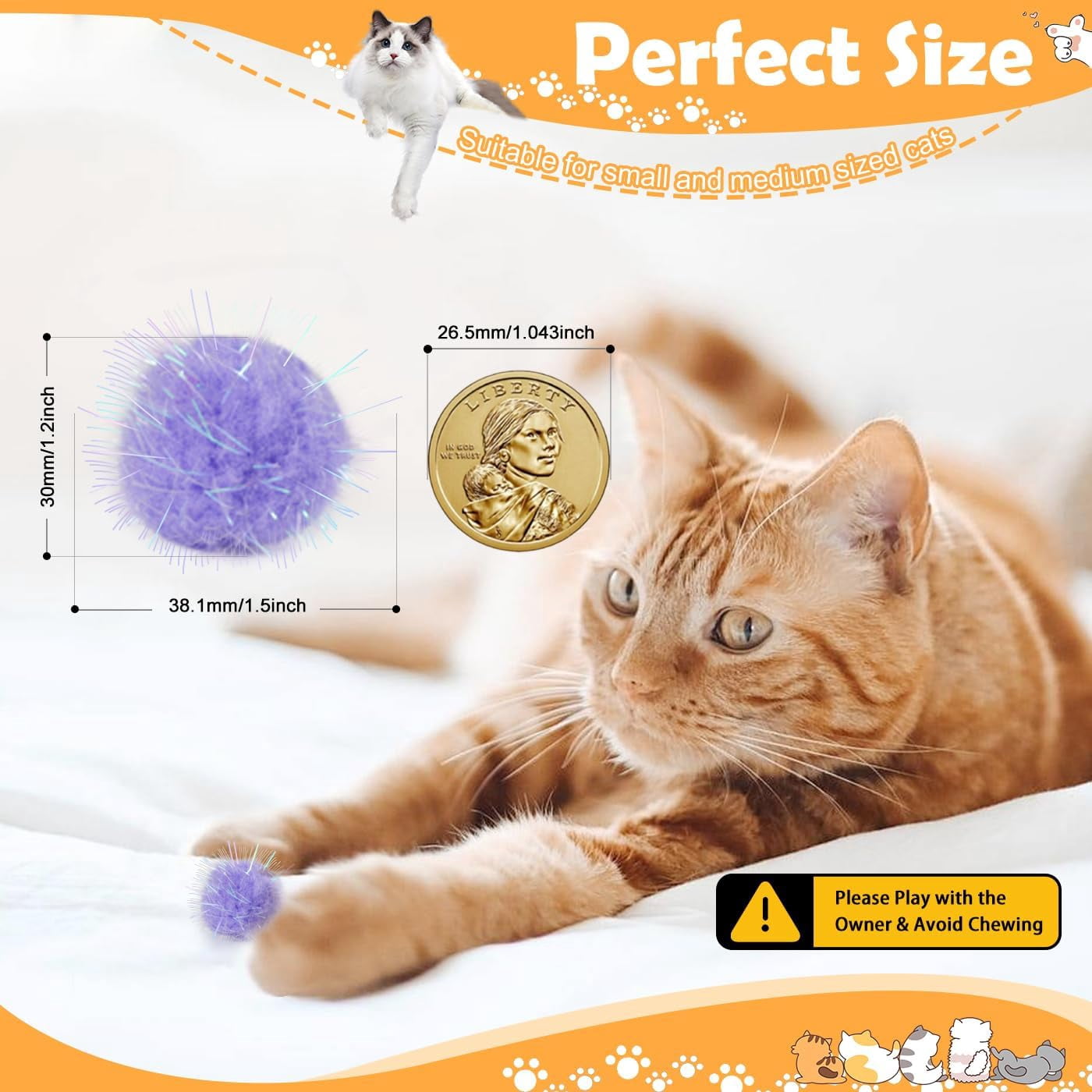 60 Pcs Cat Pom Pom Balls, Interactive Cat Toys, Sparkle Balls for Cats, Extra Large and Fuzzy for Exercise and Entertainment, Multicolor, 1.5 Inch