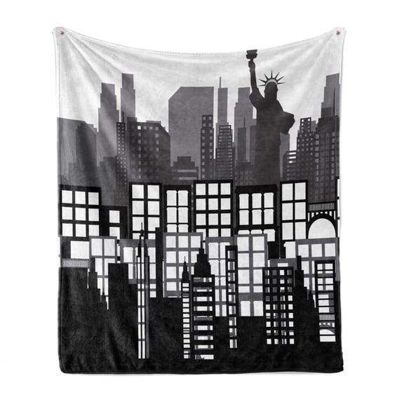 American Soft Flannel Fleece Throw Blanket, National Liberty Statue Skyscraper Landscape American Architecture Pattern, Cozy Plush for Indoor and Outdoor Use, 60" x 80", Black White, by Ambesonne