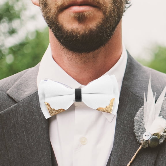 AURARMLET Adjustable Men Bow Tie with Metal Trim in Classic White for Formal Events