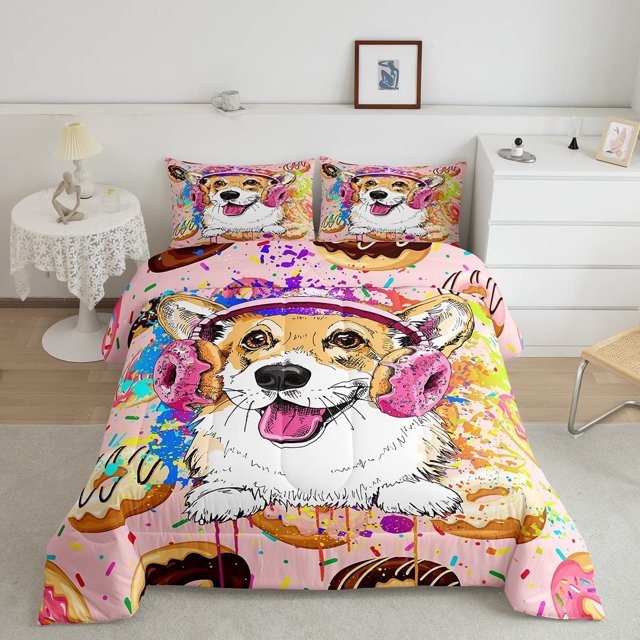 Juego de edredón Twin Size 2pcs, Graffiti Cartoon Dog Cute Animal Print Bedding