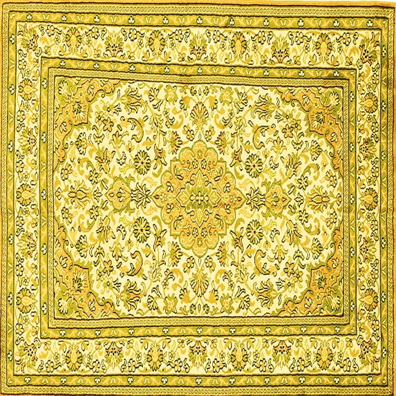 Ahgly Company Machine Washable Indoor Square Medallion Yellow Traditional Area Rugs, 8' Square