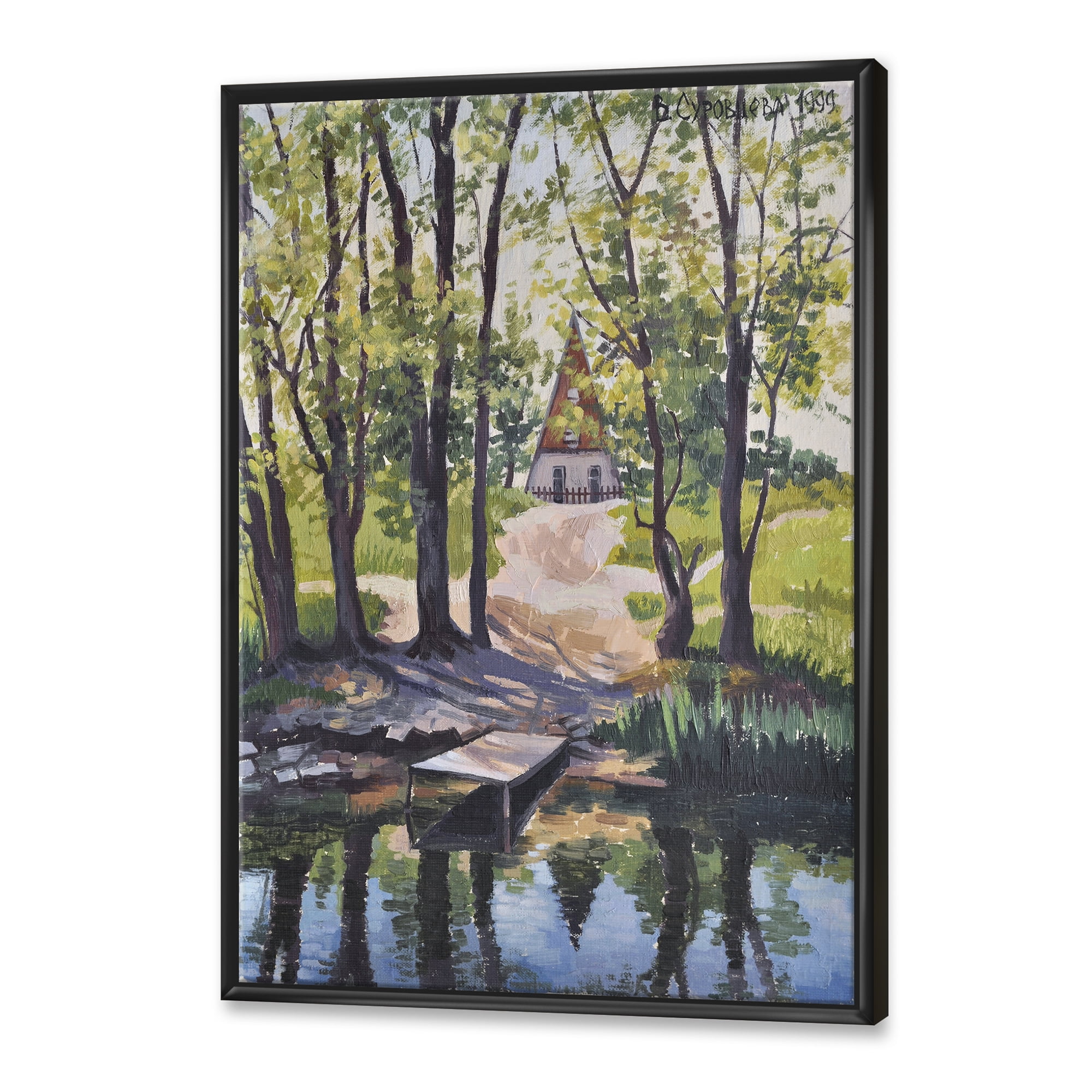 Designart 'Mysterious Countryside House By The River In The Woods' Lake House Framed Canvas Wall Art Print
