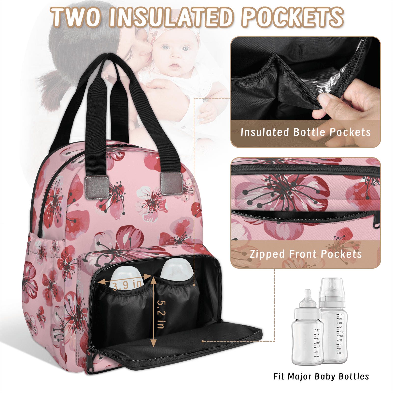 Baby Bags Backpack with USB Port,Floral Print Diaper Bag Backpack,Large Capacity Multifunction Travel Pack for Mom & Dad