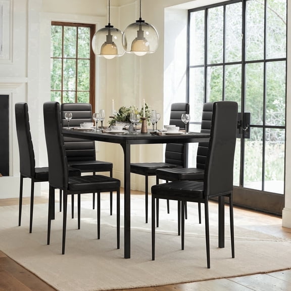 63" Rectangular Dining Table Set for 6, PU Upholstered Chair Kitchen Dinette Furniture for Home & Restaurant,Sturdy Easy Clean,Black