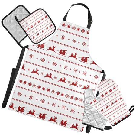 Ryvnso Santa Claus and Reindeer Kitchen Apron Oven Mitts Set Pot Holders
