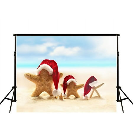Image of MOHome Photography Backdrop Nature Sea Gold Beach Photo Background for Kids 7x5ft Red Xmas Hats Background Backdrop Wedding