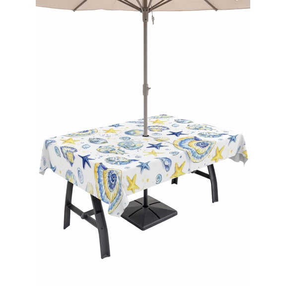 Outdoor Tablecloth with Umbrella Hole for Patio/Picnic/Party/Camping, Blue Yellow Conch Waterproof Table Cloth Rectangle Table Cover Washable, Summer Ocean Starfish Shells Bubble (54"x 80")