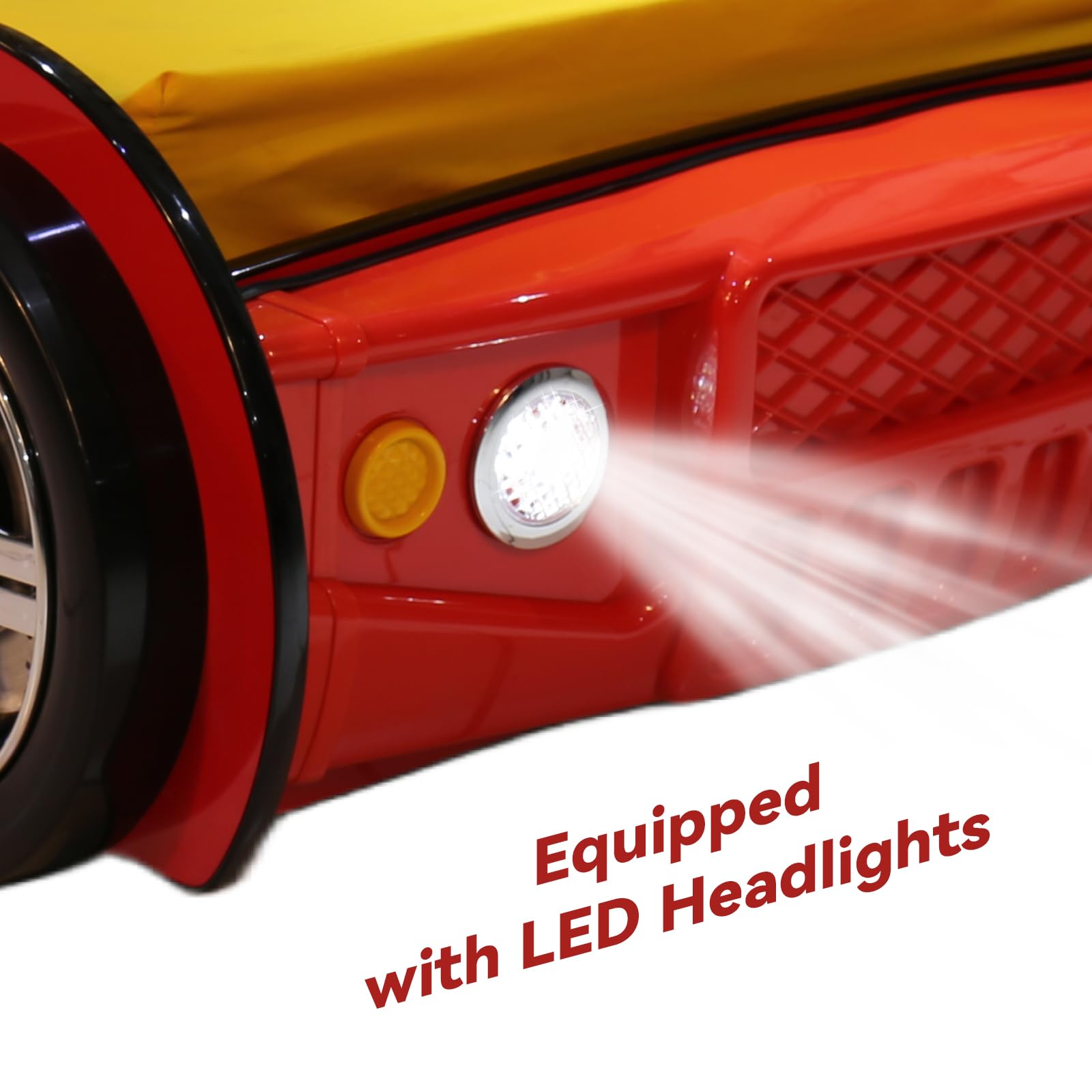 Twin Size Race Car Bed for Kids - Red Wooden Platform Frame with LED Lights, Wheels & Slat Support ,No Box Spring Needed