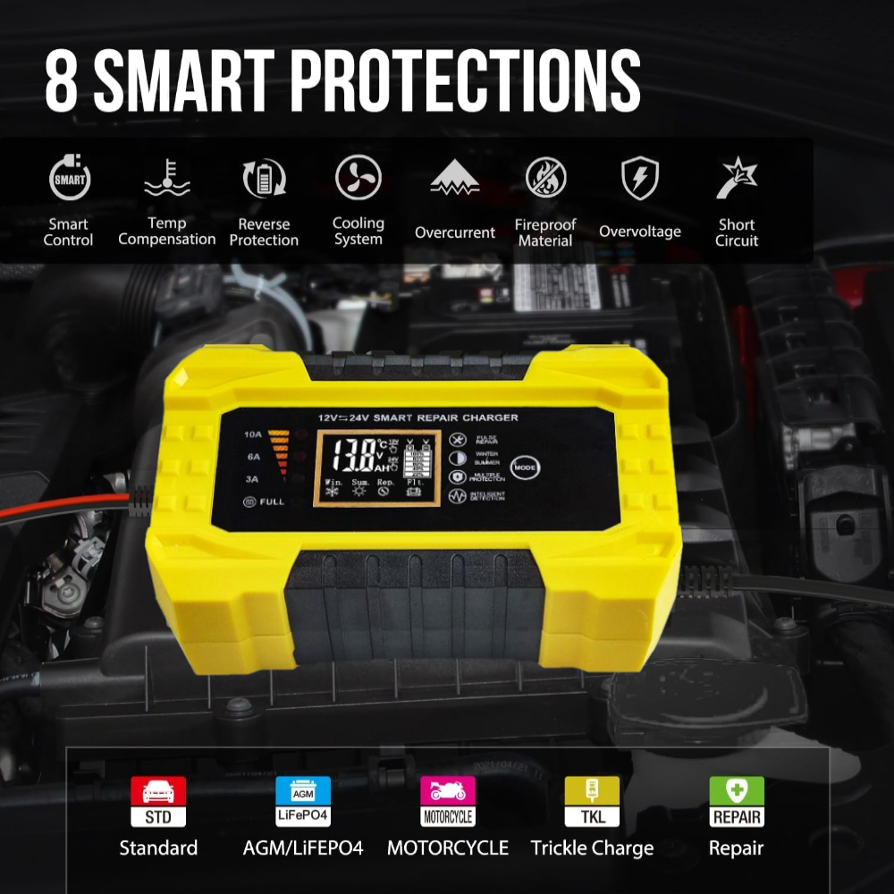 Cardivek 12V10A 24V5A Car And Motorcycle Battery Charger Color Screen Digital Display Lead-Acid Battery Start-Stop Repair Activation Charger Lithium Battery Universal
