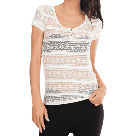 - Womens Short Sleeve Scoop Neck Floral Lace Paneled Crochet Sheer Tee Shirt Top