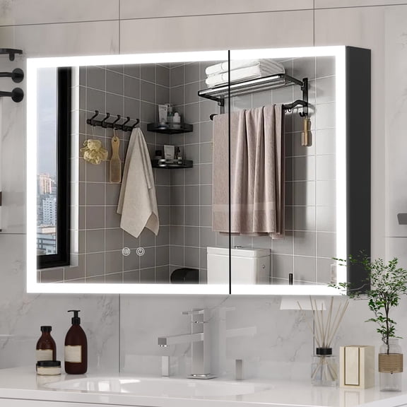 Caulitar 31.5'' Bathroom Mirror Cabinet, Medicine Cabinet with LED Lighted Mirror and Anti-Fog Wall Mounted