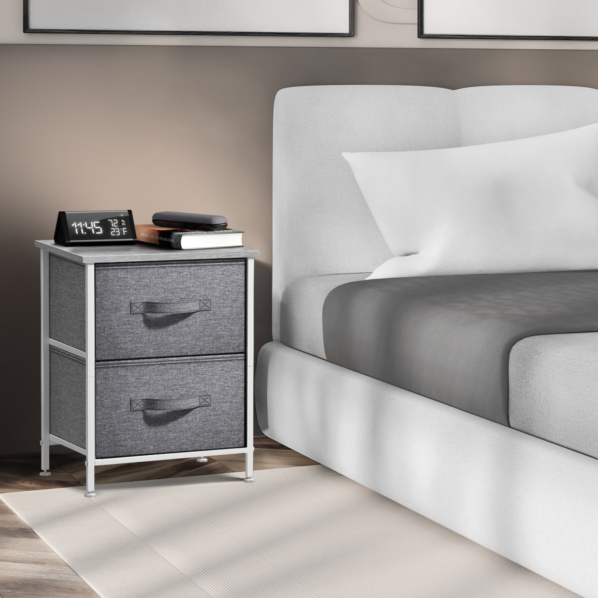 Sorbus Nightstand with 2 Drawers, Steel Frame, Wood Top, Fabric Bins, Gray