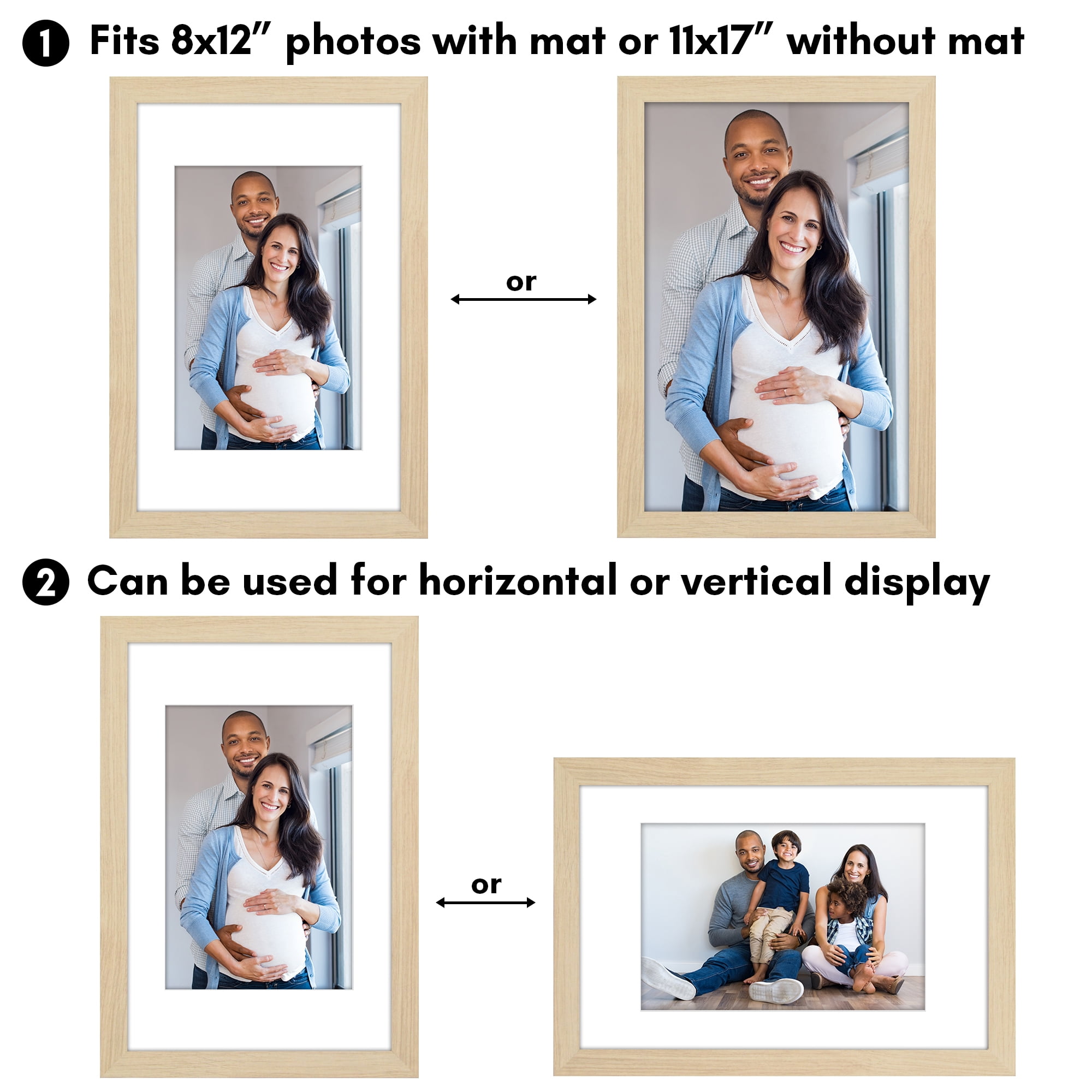 Americanflat 11x17 Picture Frame with Shatter-Resistant Glass with 8x12 Mat Display Photo Hudson - Natural Oak