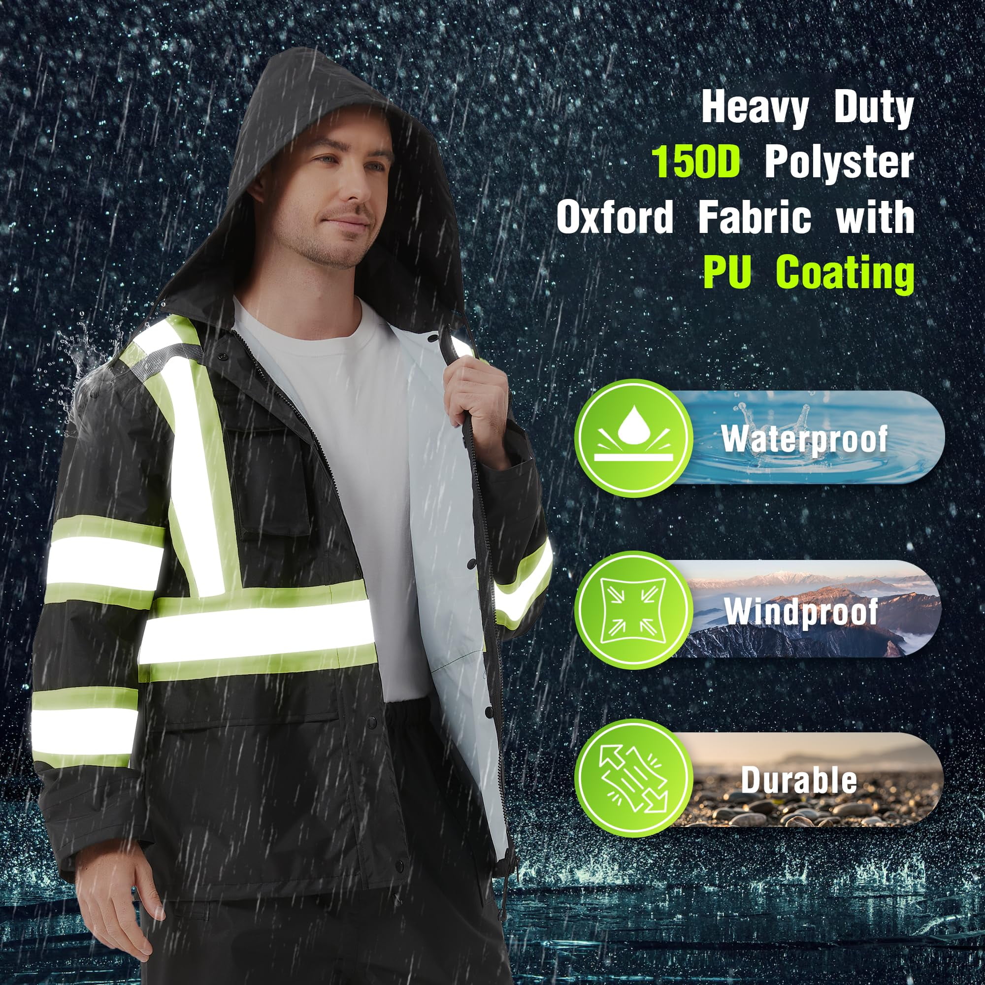 ProtectX Hi Vis Safety Rain Jacket and Pants, Waterproof Reflective Rain Gear for Farming Fishing Work, Men Women Rain Suit with Inner Mesh Lining and Pockets, Black