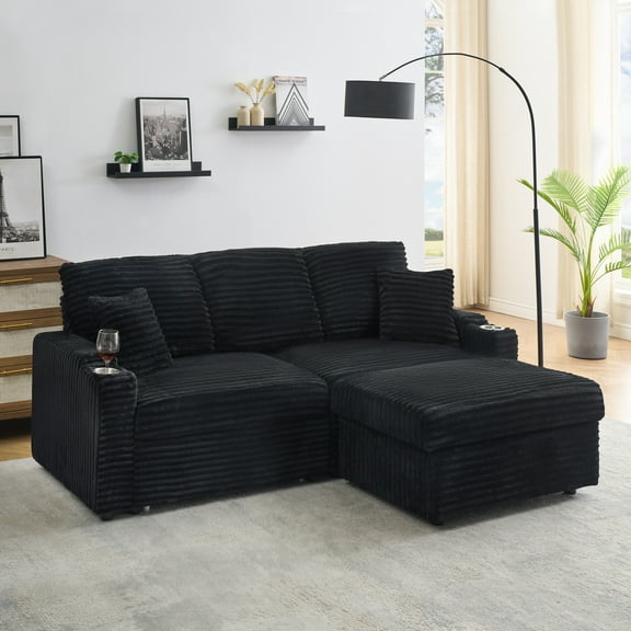 Living Room Sofas 80" Corduroy Multi-Function Sofa with Hidden Reclining, Space Saving Design, Armrests, Cup Holders and Removable Footstool, Black,Comfortable Sofas