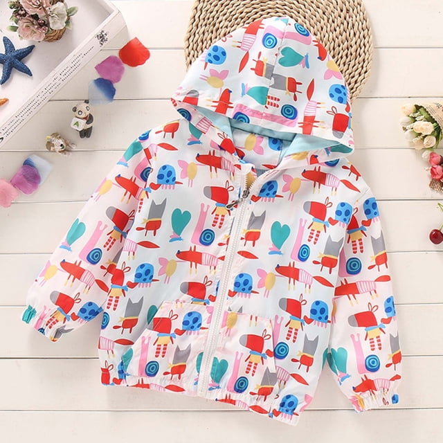 LOVZFMLL Vestes pour Filles Mode Manteau Décontracté pour Enfants Imperméable Imprimé à Capuche Veste Rigide 6-7 Ans