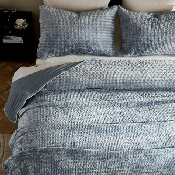 Velvet Size Quilt Set - Blue Striped Pick Stitch Soft Lightweight Bedspread, Channel Farmhouse Country Rustic Coverlet, Modern Bedding Warm Thin Comforter, 3 Pieces