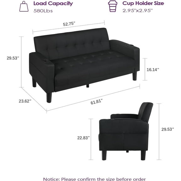 Mid-Century Modern Black Faux Leather Loveseat Sofa with USB Charging Ports & Cup Holders, Compact Design for Office, Living Room, Bedroom