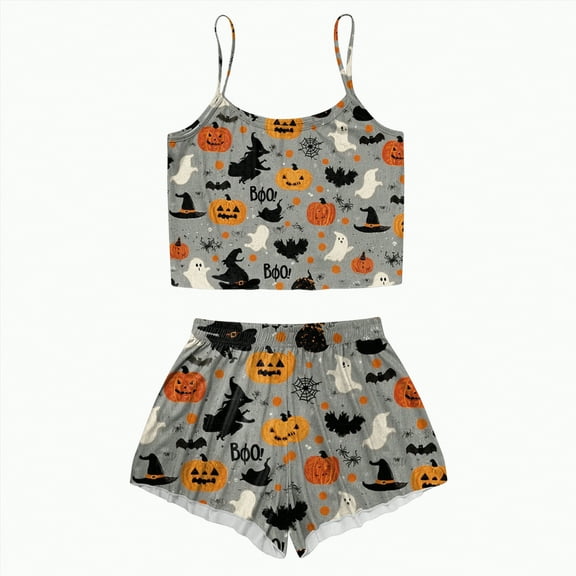 CAUYDY Women's Halloween Comfy Pajamas Sets Cute Ghost Pumpkin Top and Shorts Sleepwear 2PC Comfy Funny Holiday Lounge Set(A02-Dark Gray,M)