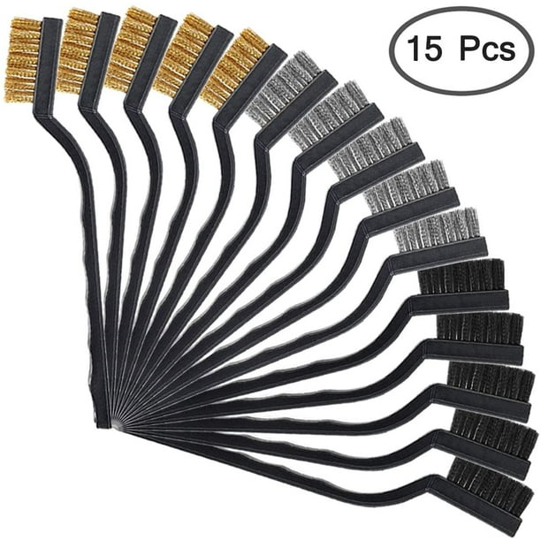 15 Pieces Wire Brush Set with Curved Handle Stainless Steel Brass and Nylon  for Weld and Rust Cleaning 5 Pieces Per Type