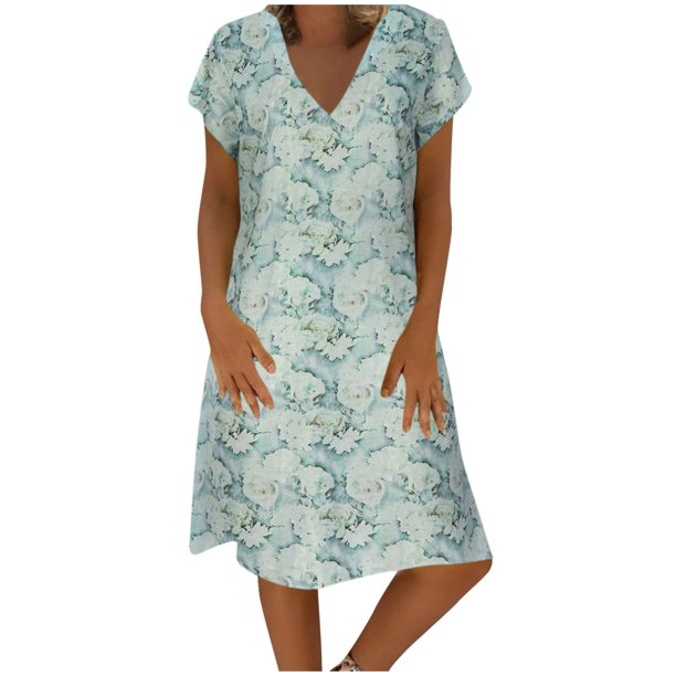 Vestido suelto de manga corta con cuello en V informal de verano para mujer a la moda Fridja qw6996