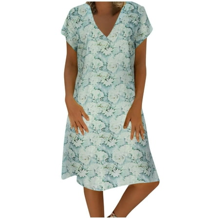 

Juebong Fashion Women Summer Casual V-Neck Froral Print Short Sleeve Loose Dress