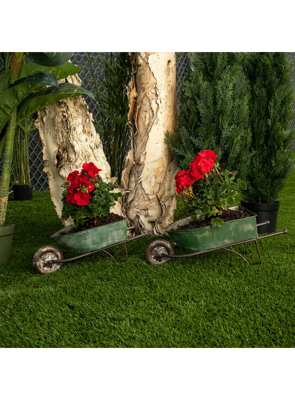 Alpine Corporation Set of 2 Assorted Size Rustic Green Metal Wheelbarrow Garden Planters, Set of 2
