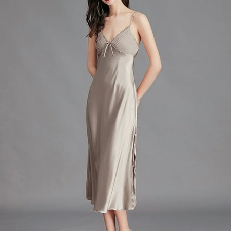 

Women s Satin Silk Nightdress Spaghetti Sling Strap Sleeveless Nightgowns with Lace Sexy Home Wearing