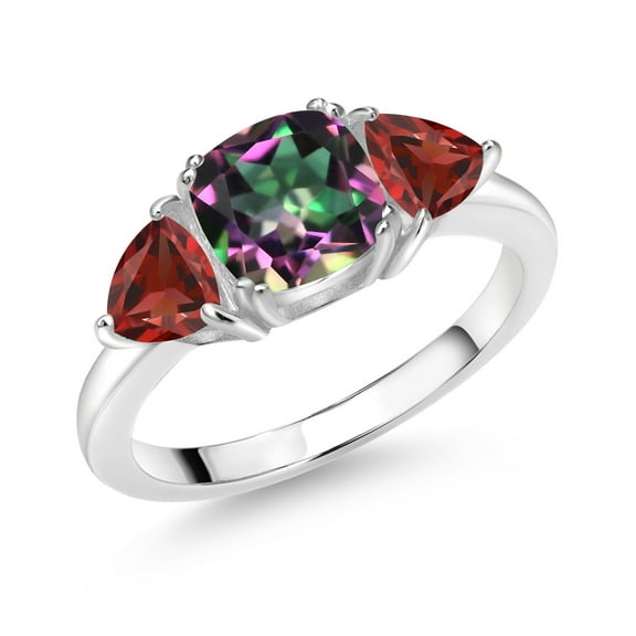 Gem Stone King 925 Sterling Silver Green Mystic Topaz and Red Garnet 3 Stone Engagement Ring for Women (3.08 Cttw, Gemstone Birthstone, Size 8)
