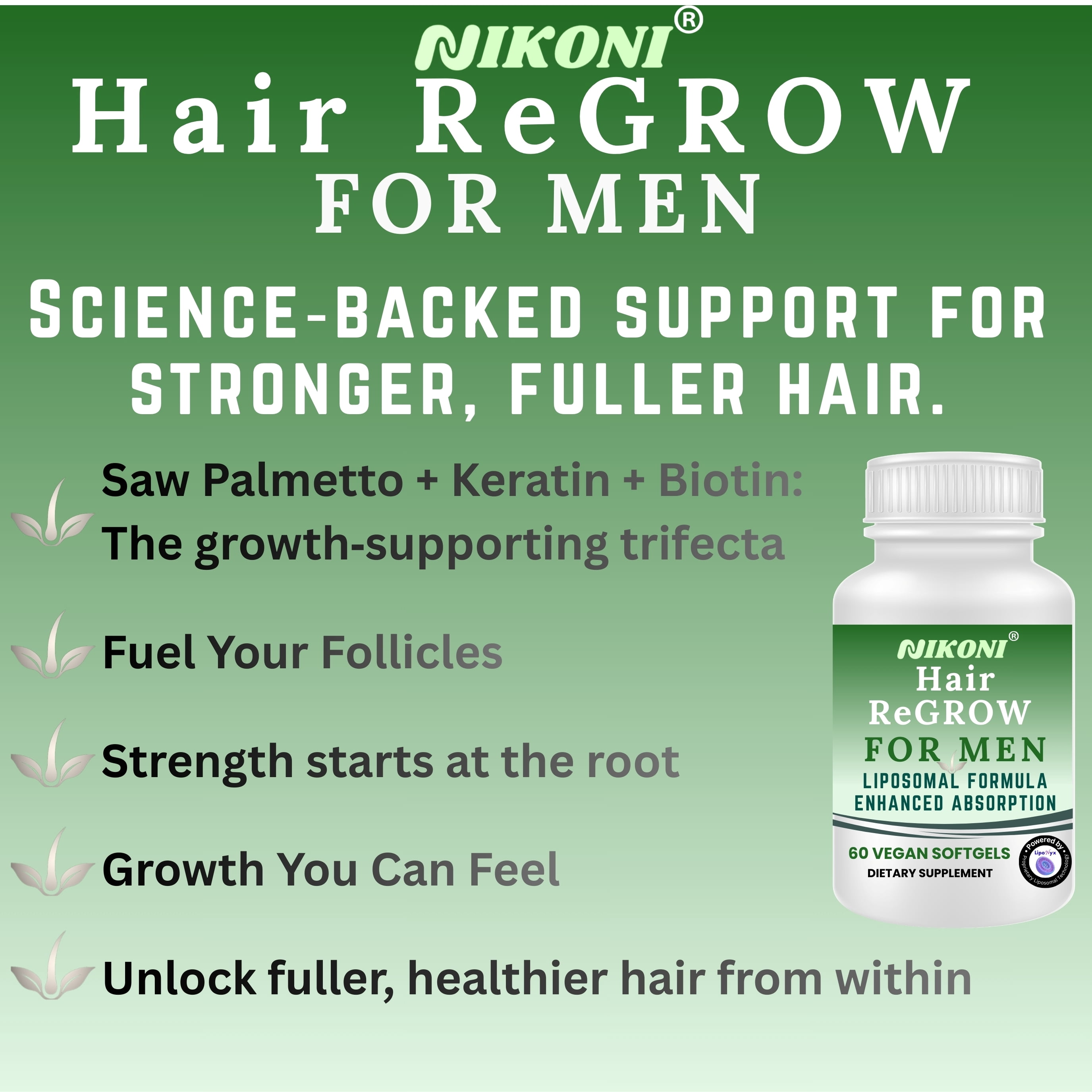 Nikoni Men's Hair ReGROW Liposomal Vegan Softgels with Biotin, Keratin, Saw Palmetto & Essential Nutrients-60 Vegan Softgels