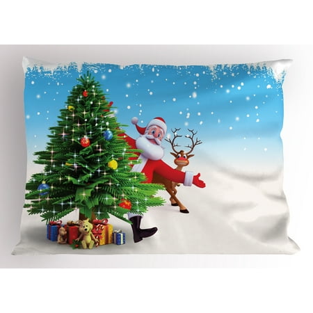 Santa Pillow Sham Traditional Xmas Character with Funny Reindeer Surprise Present Boxes under Pine Tree, Decorative Standard Size Printed Pillowcase, 26 X 20 Inches, Multicolor, by (Best Presents Under 20)