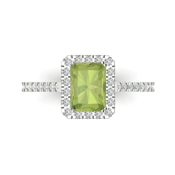 1.86 ctw with Simulated Diamond Halo Accents Anniversary Ring for Women | Emerald Cut Natural Peridot | Hyperallergenic Solid 14K White Gold