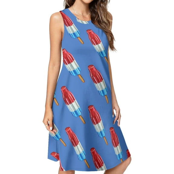 Fun Rocket Pop Popsicle Pattern Spring Summer Dresses for Women Fashion T-shirt Dress Casual Sleeveless Loose Sundress with Pockets