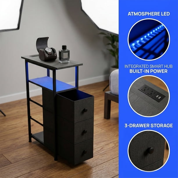 Mesita de noche negra con luces LED, enchufe y 3 cajones | Mesa auxiliar para sala y recámara,tamaño 20x48x70cm