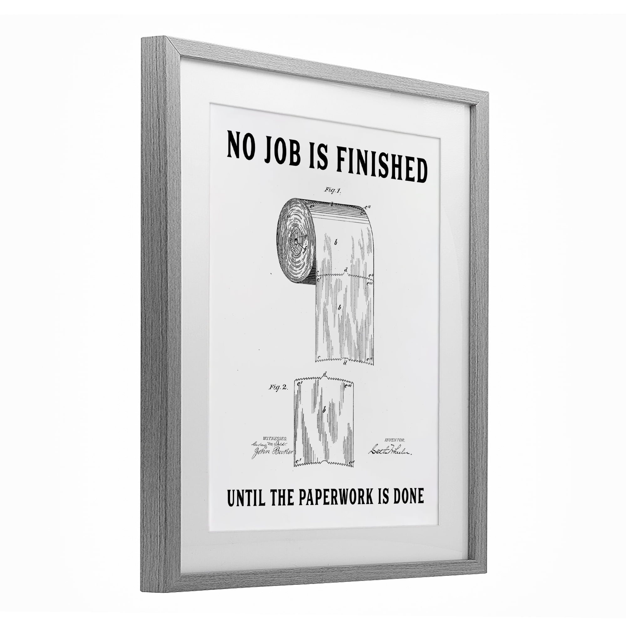 No Job Finished Toilet Paper Gray Framed Print Under Glass, design by Lettered and Lined