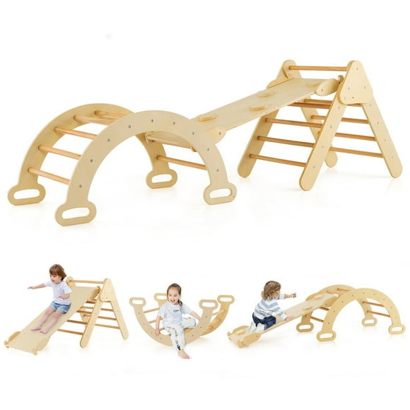 Costway Ensemble d'Escalade 3-en-1 pour Enfants, Arche de Jeu en Bois pour Tout-Petits avec Rampe de Glisse et d'Escalade