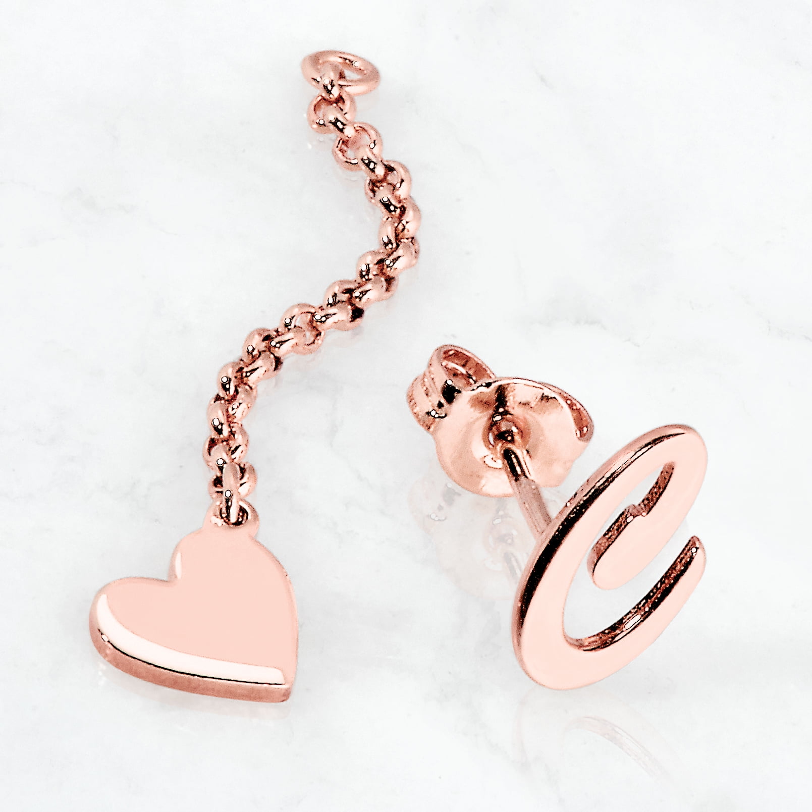 Personalized Planet Women's Script Initial Earring with Heart Dangle Button Drop Earrings