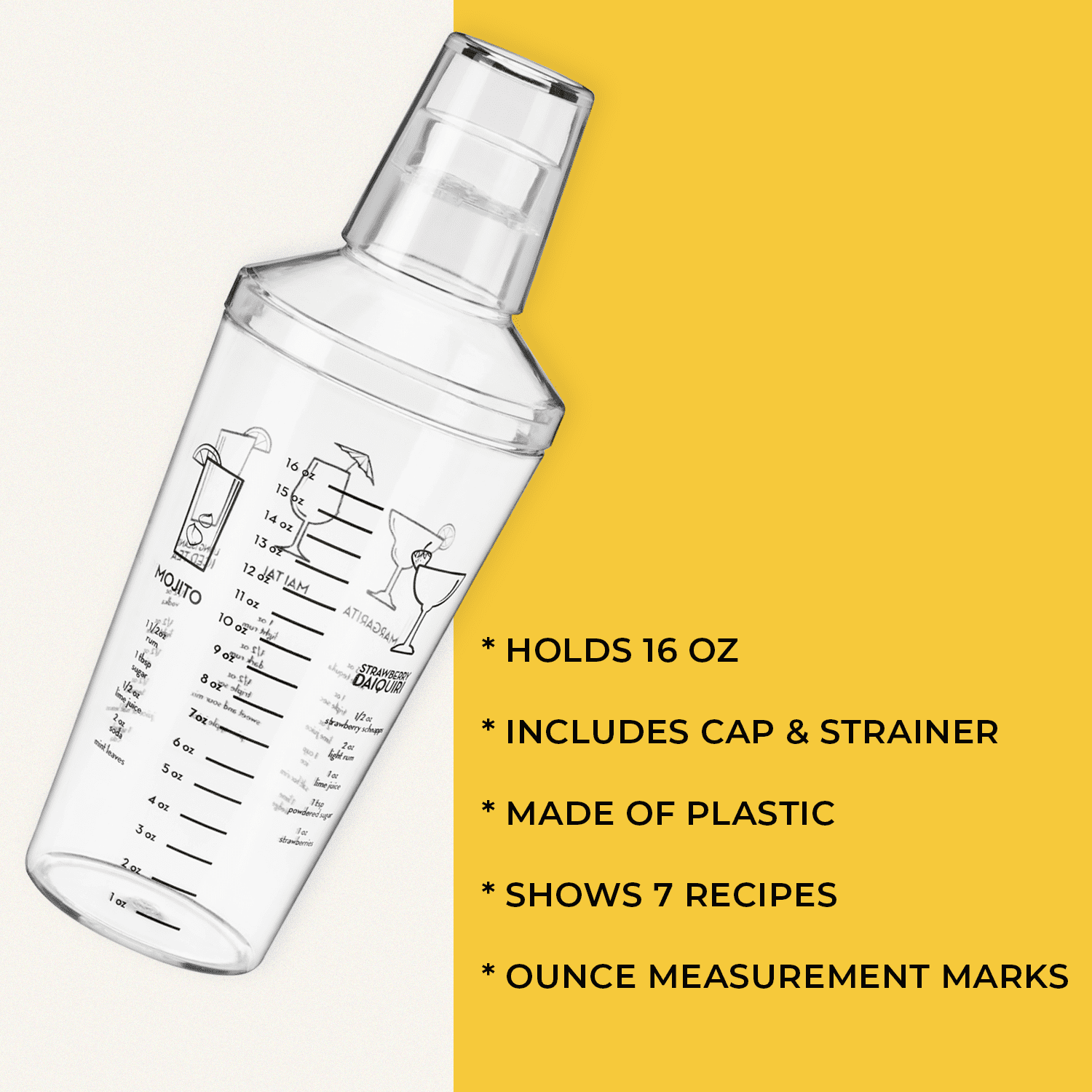 16oz Cocktail Shaker with Recipes and Ounce Measurements - Clear Plastic