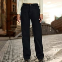 Fartey Straight Leg Jeans for Women Loose Casual High Waist Wide Leg Baggy Jean Fashion Solid Color Stretch Denim Pants with Pockets Black L