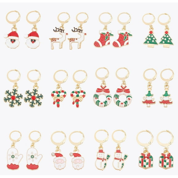 1 box 1 box 12 Pairs Christmas Earrings set Leverback Earring set Winter Xmas Tree Hoop Earrings golden Fashion Earrings for Women Adults Christmas Jewelry
