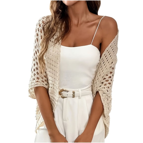 Lmueinov Womens Short Sleeve Knit Cardigan Sweaters Open Front Hollow Out Cover Up Lightweight Solid Color Cotton Knit Shrug for Summer Beach Office Daily Dress Matching